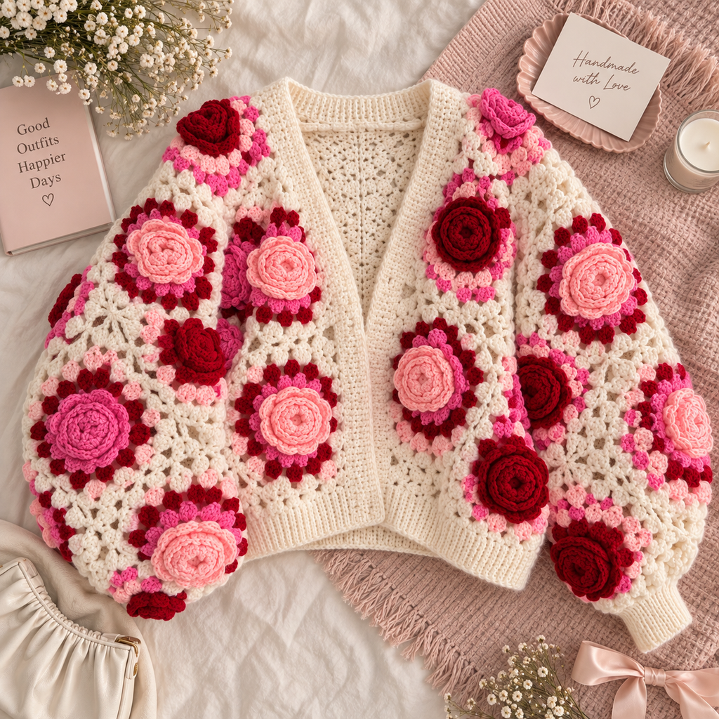 Pink Rose Crochet Cardigan