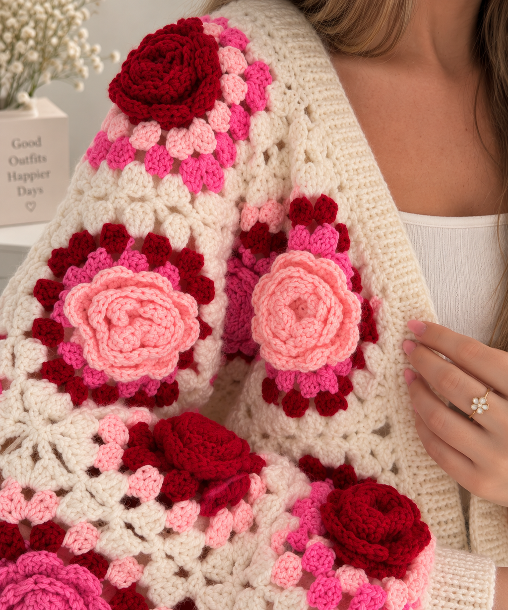 Pink Rose Crochet Cardigan