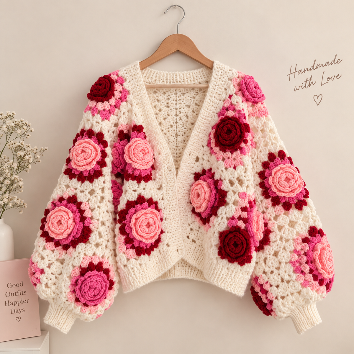 Pink Rose Crochet Cardigan