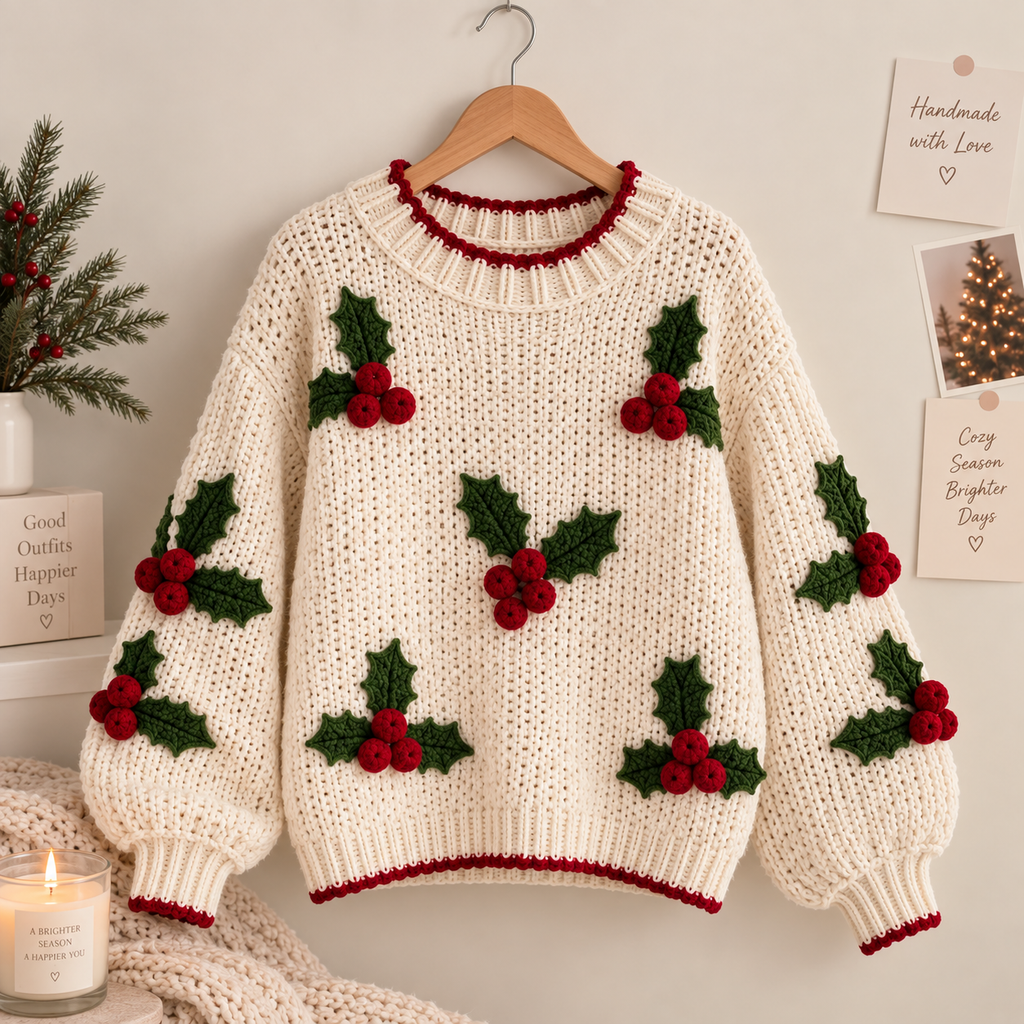 Handmade Holly Berry Crochet Sweater