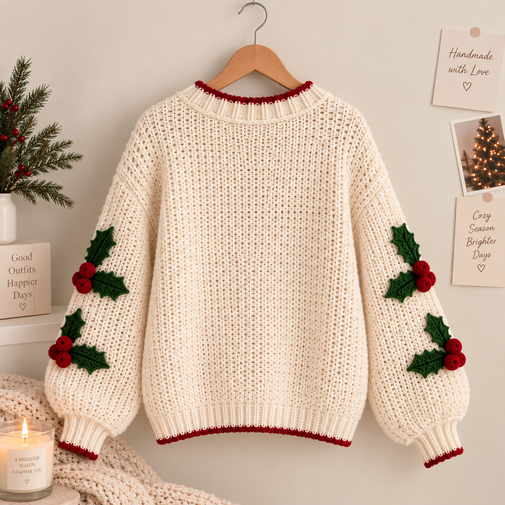 Handmade Holly Berry Crochet Sweater
