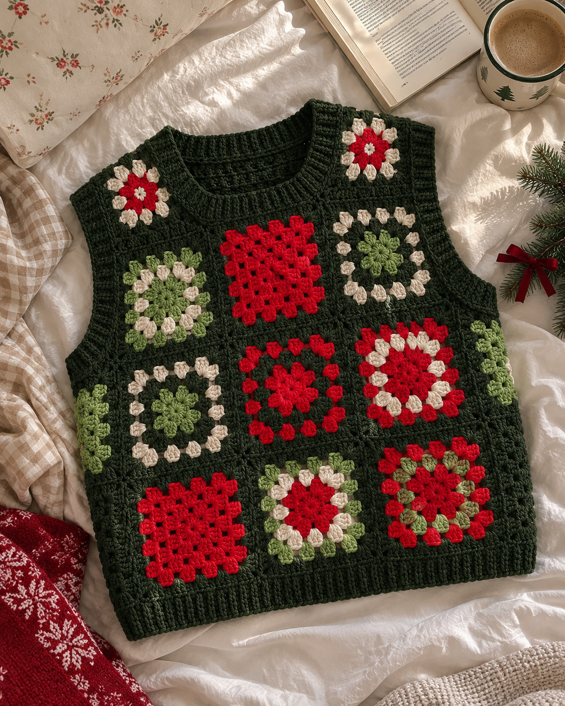 Forest Green Granny Square Crochet Vest