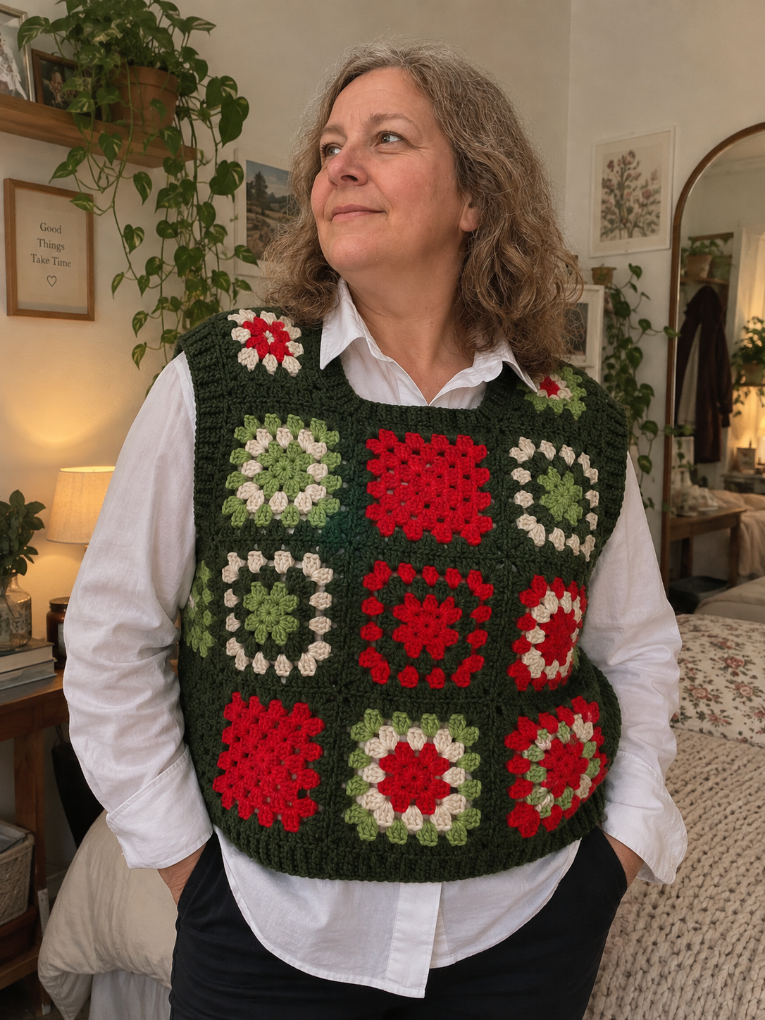 Forest Green Granny Square Crochet Vest