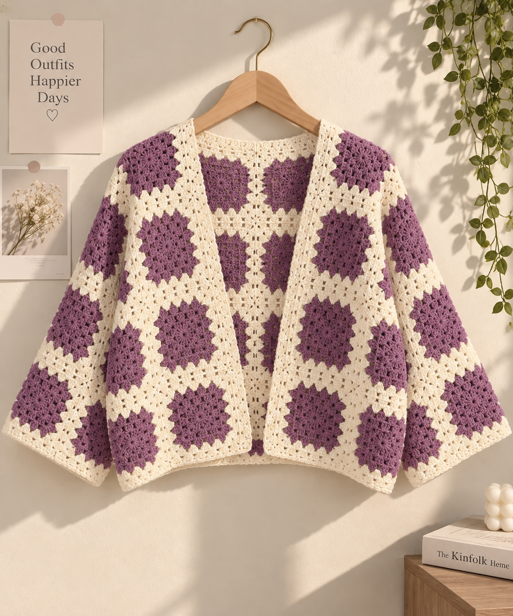 Purple & Cream Granny Square Crochet Cardigan