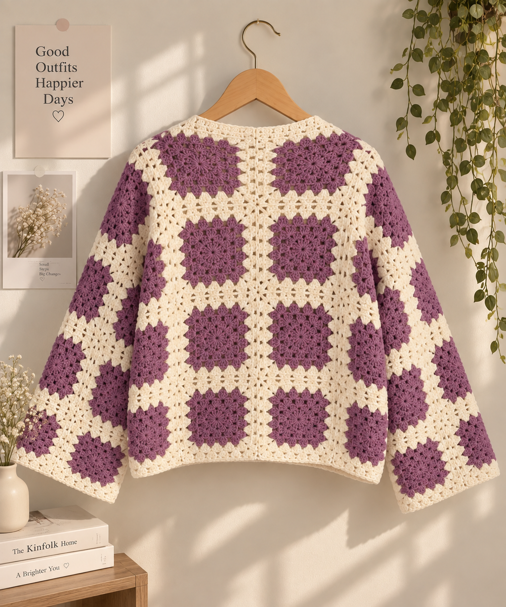 Purple & Cream Granny Square Crochet Cardigan