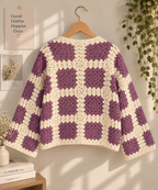 Purple & Cream Granny Square Crochet Cardigan