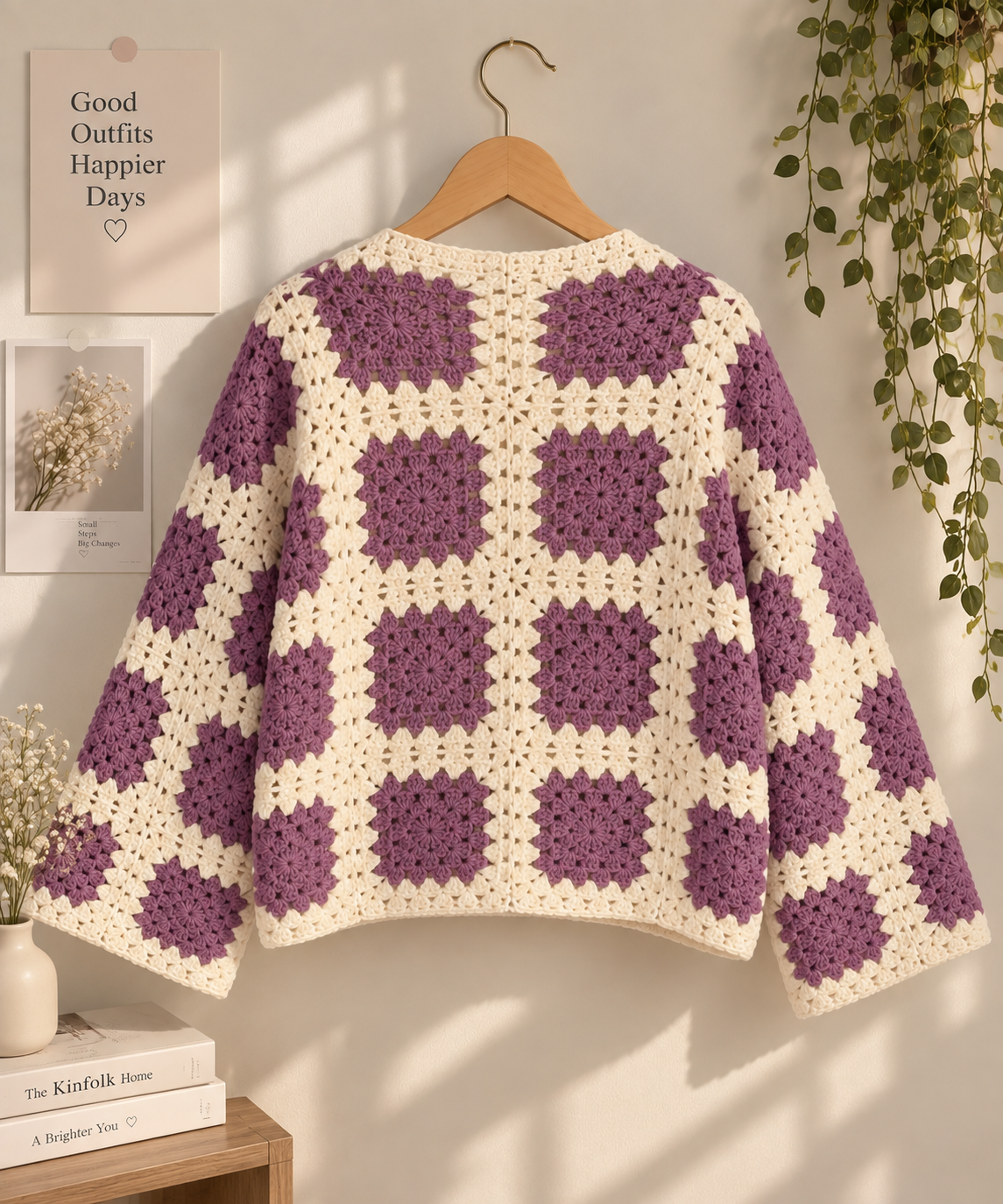 Purple & Cream Granny Square Crochet Cardigan
