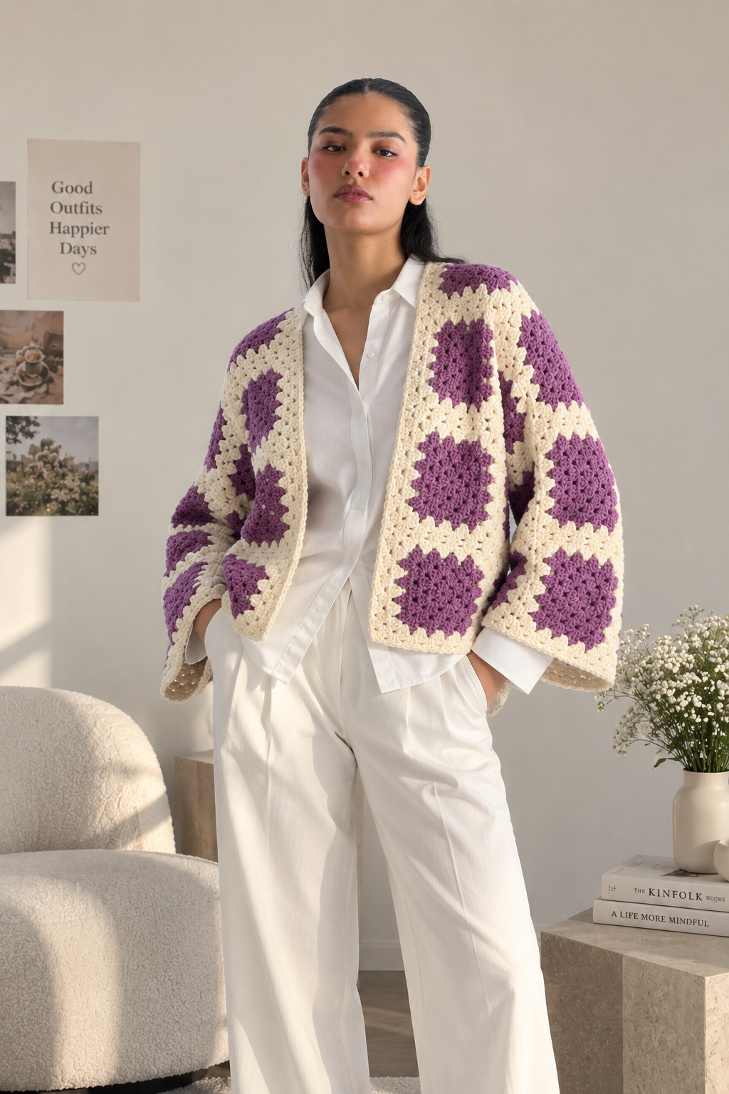 Purple & Cream Granny Square Crochet Cardigan