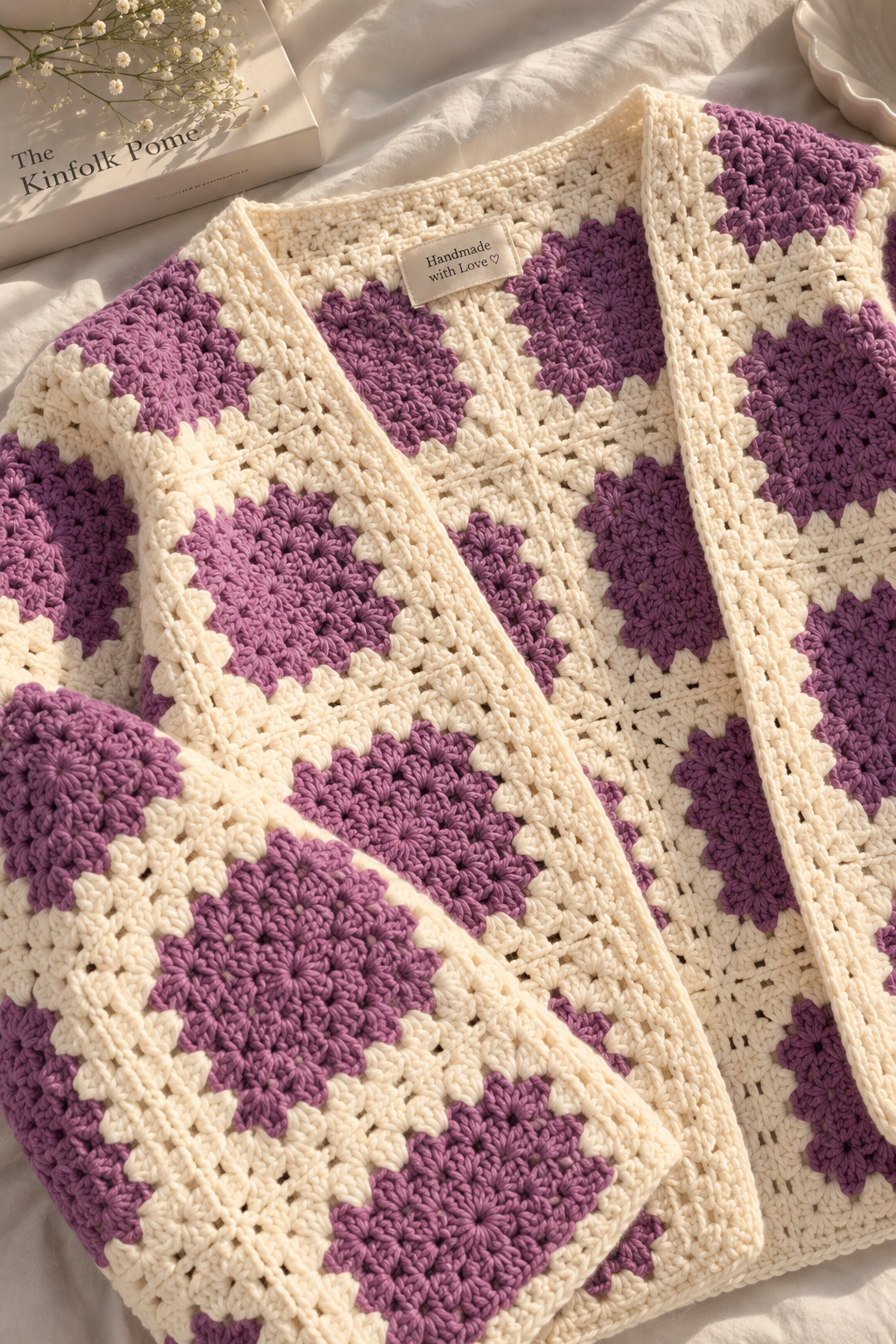 Purple & Cream Granny Square Crochet Cardigan
