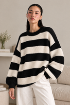 Black & Cream Striped Crochet Sweater