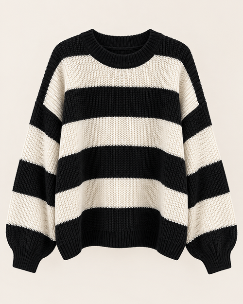 Black & Cream Striped Crochet Sweater