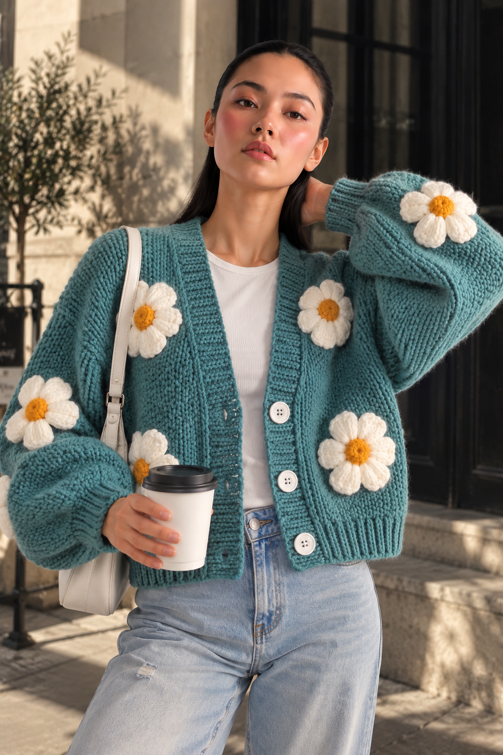 Teal Daisy Crochet Cardigan