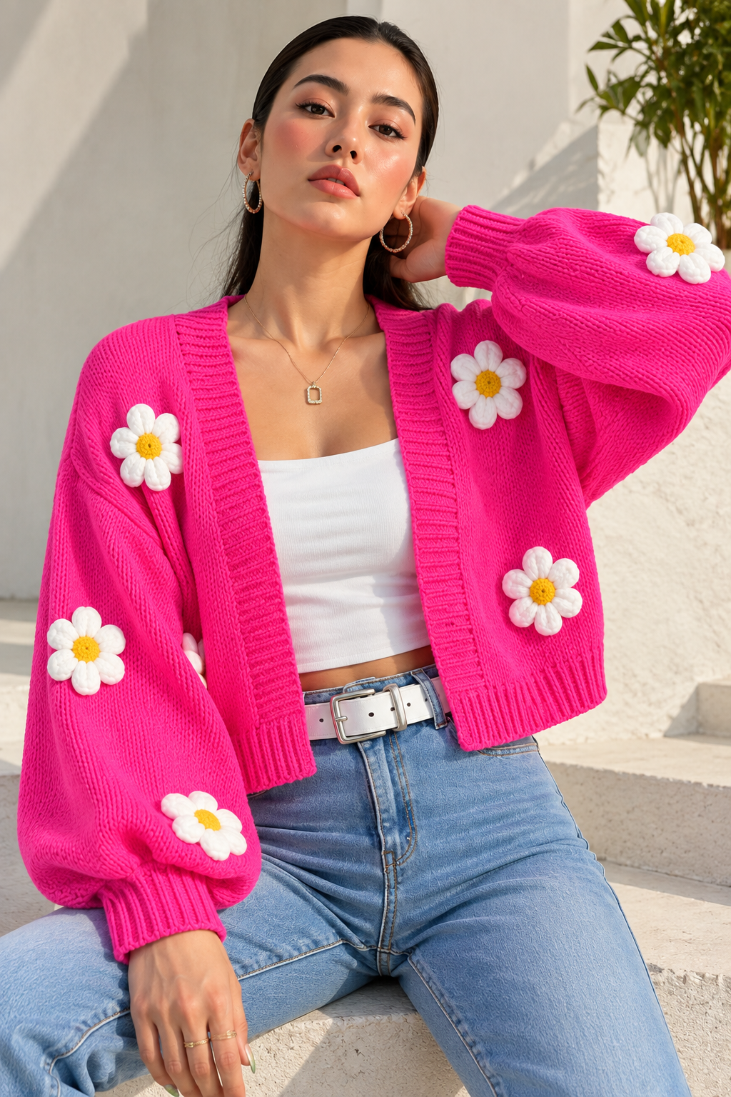 Hot Pink Daisy Crochet Cardigan