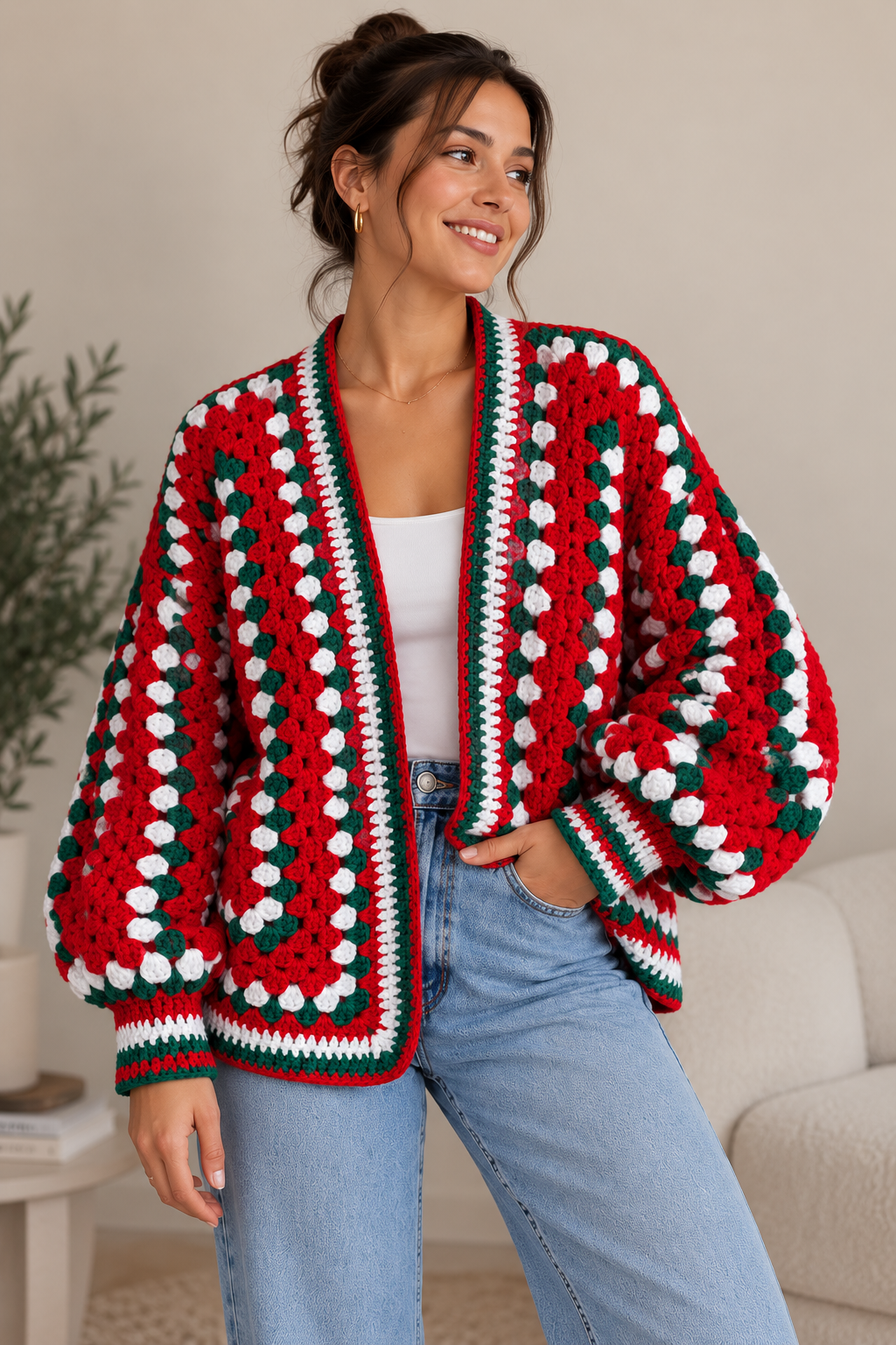 Red Green Christmas Crochet Cardigan
