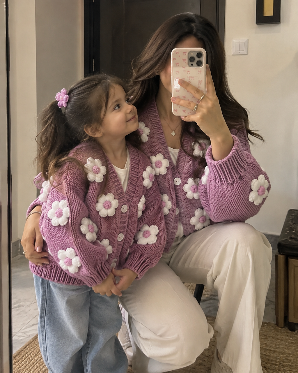 Mauve Flower Knit Cardigan – Mummy & Daughter Twin Set