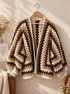 Brown & Cream Crochet Granny Square Cardigan