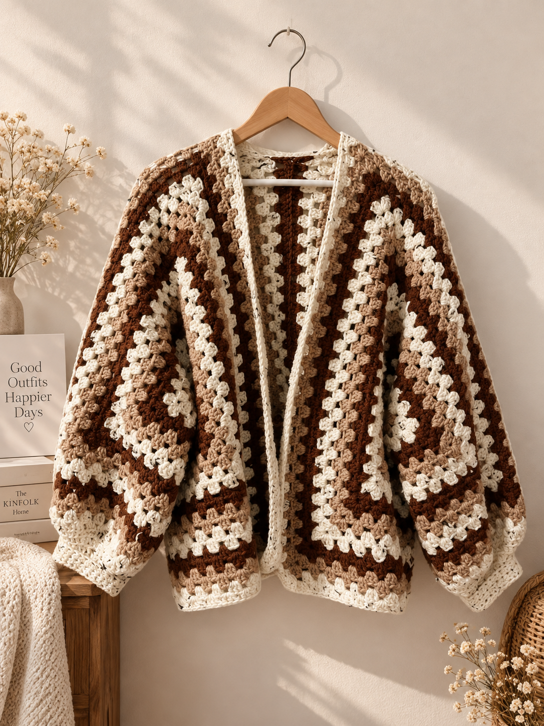 Brown & Cream Crochet Granny Square Cardigan