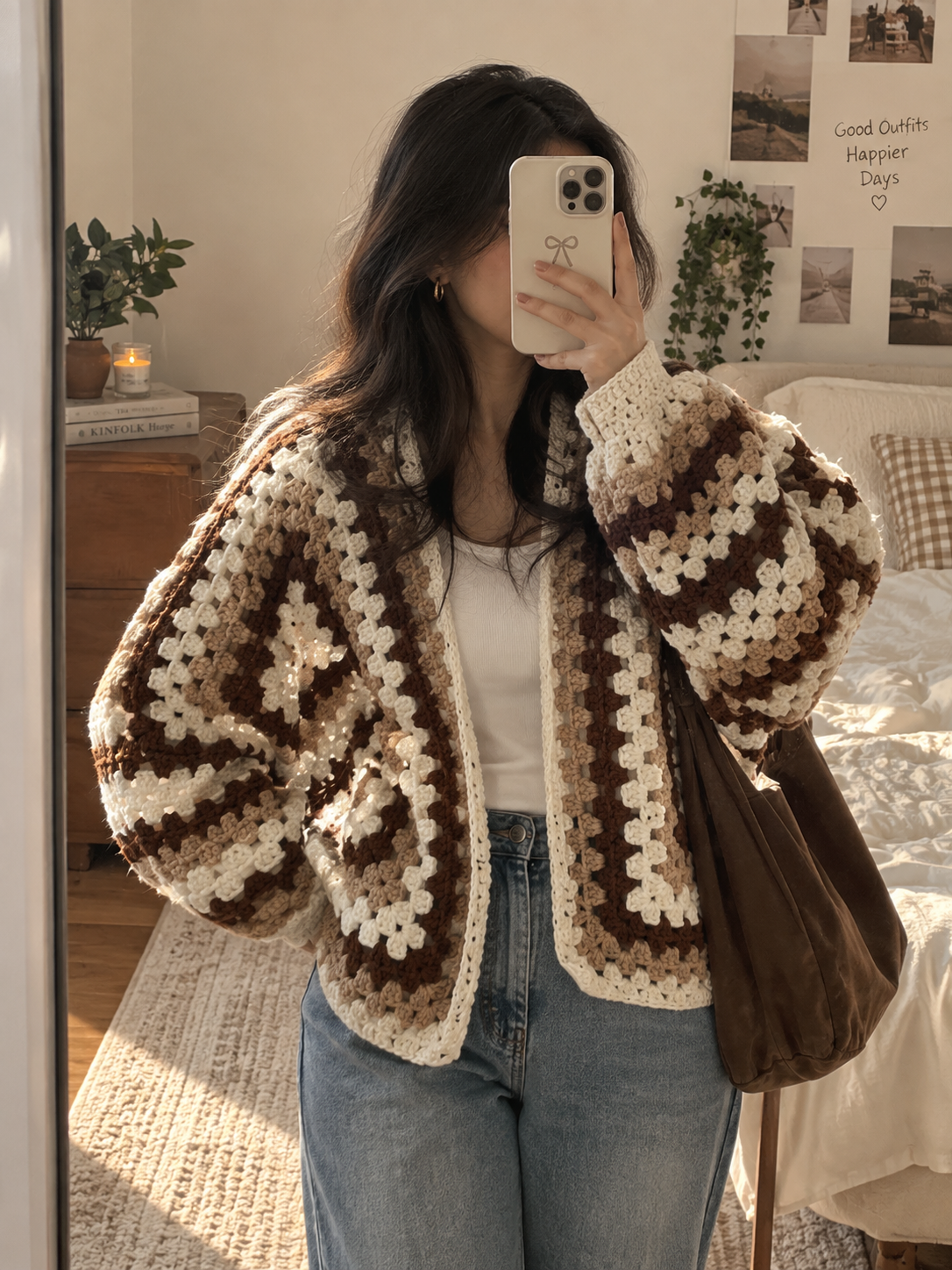 Brown & Cream Crochet Granny Square Cardigan