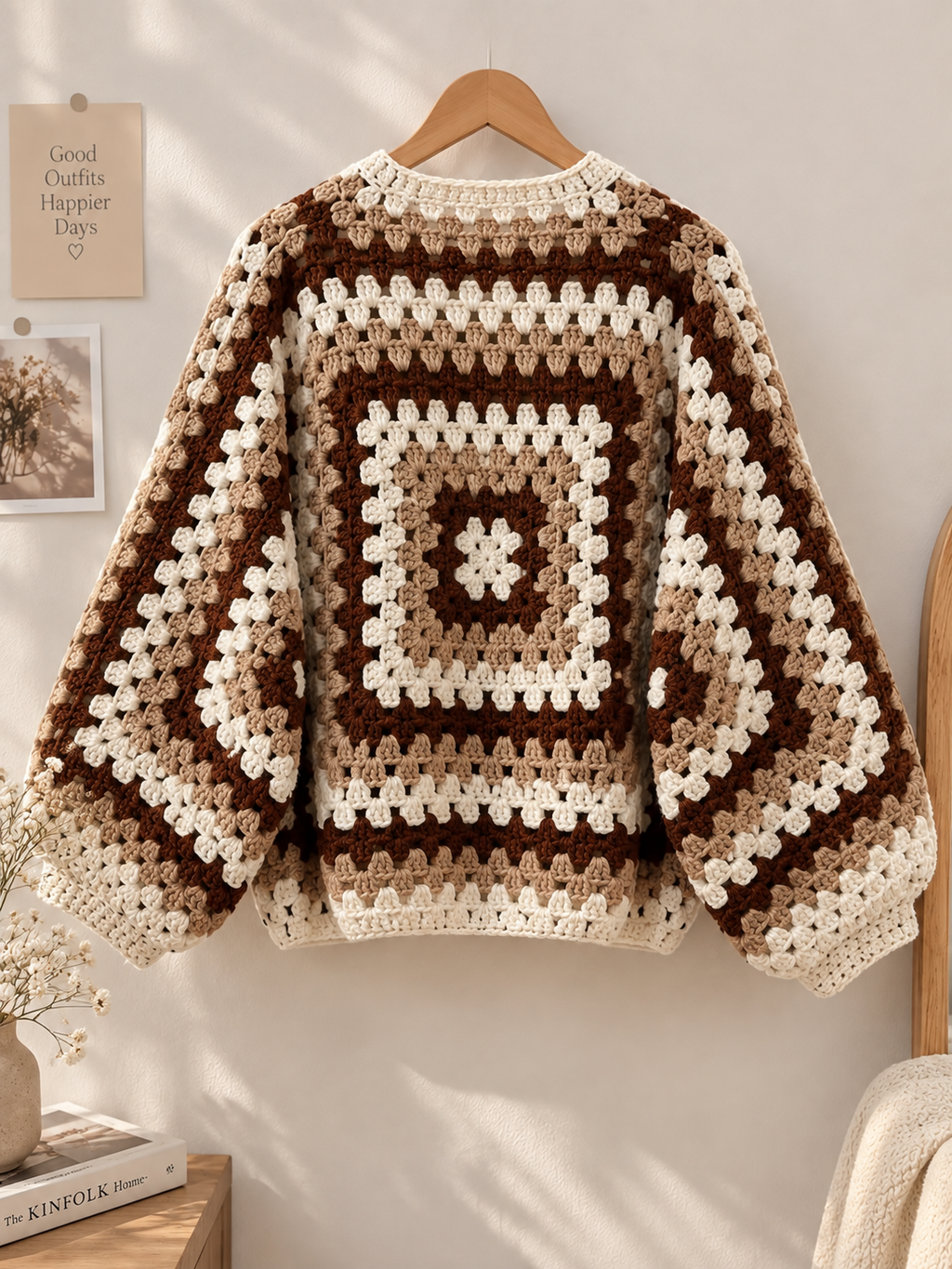Brown & Cream Crochet Granny Square Cardigan