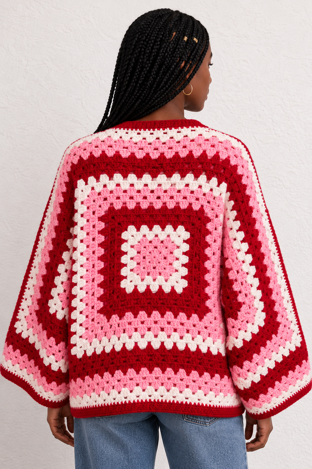 Pink & Red Granny Square Crochet Cardigan