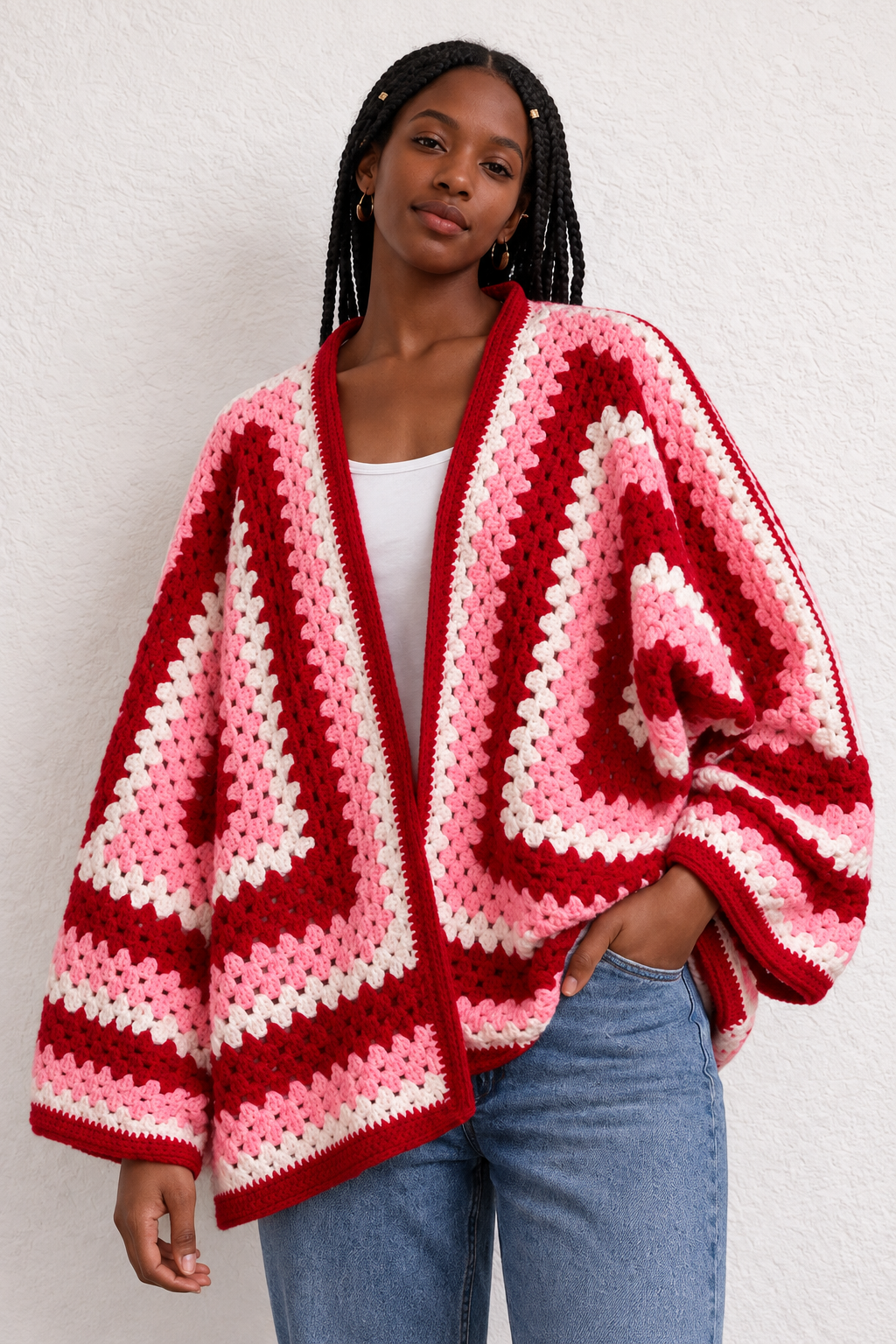 Pink & Red Granny Square Crochet Cardigan