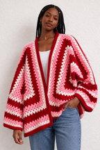 Pink & Red Granny Square Crochet Cardigan