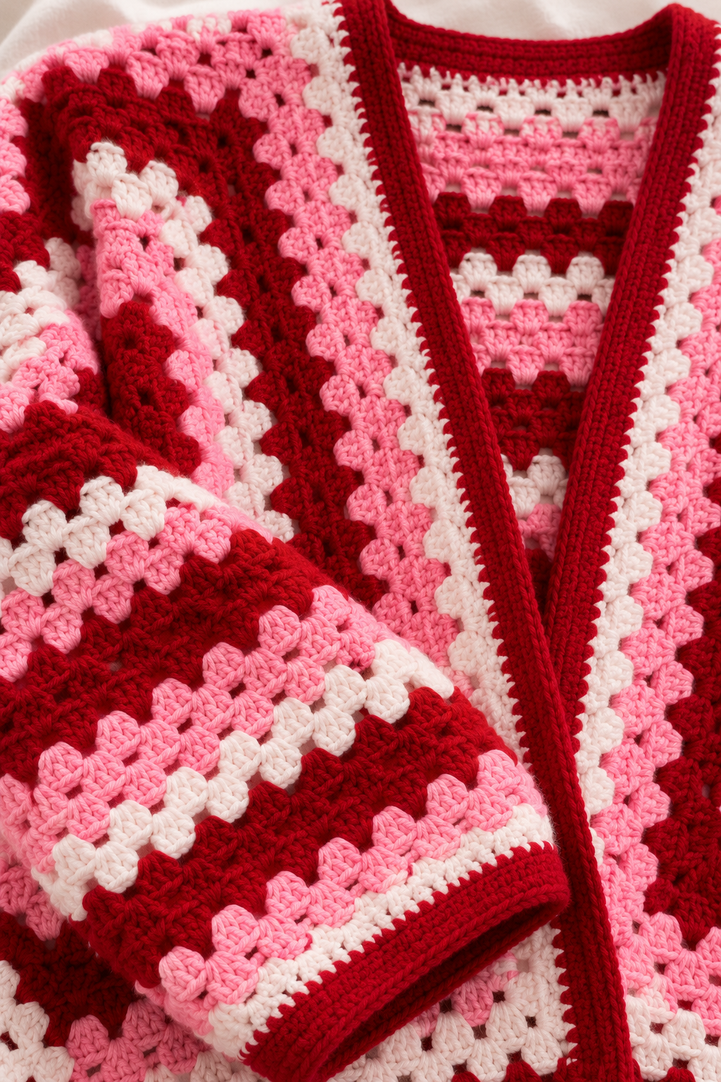 Pink & Red Granny Square Crochet Cardigan