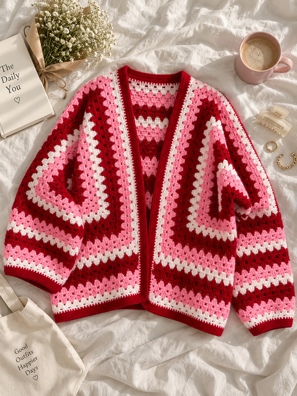 Pink & Red Granny Square Crochet Cardigan