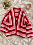 Pink & Red Granny Square Crochet Cardigan