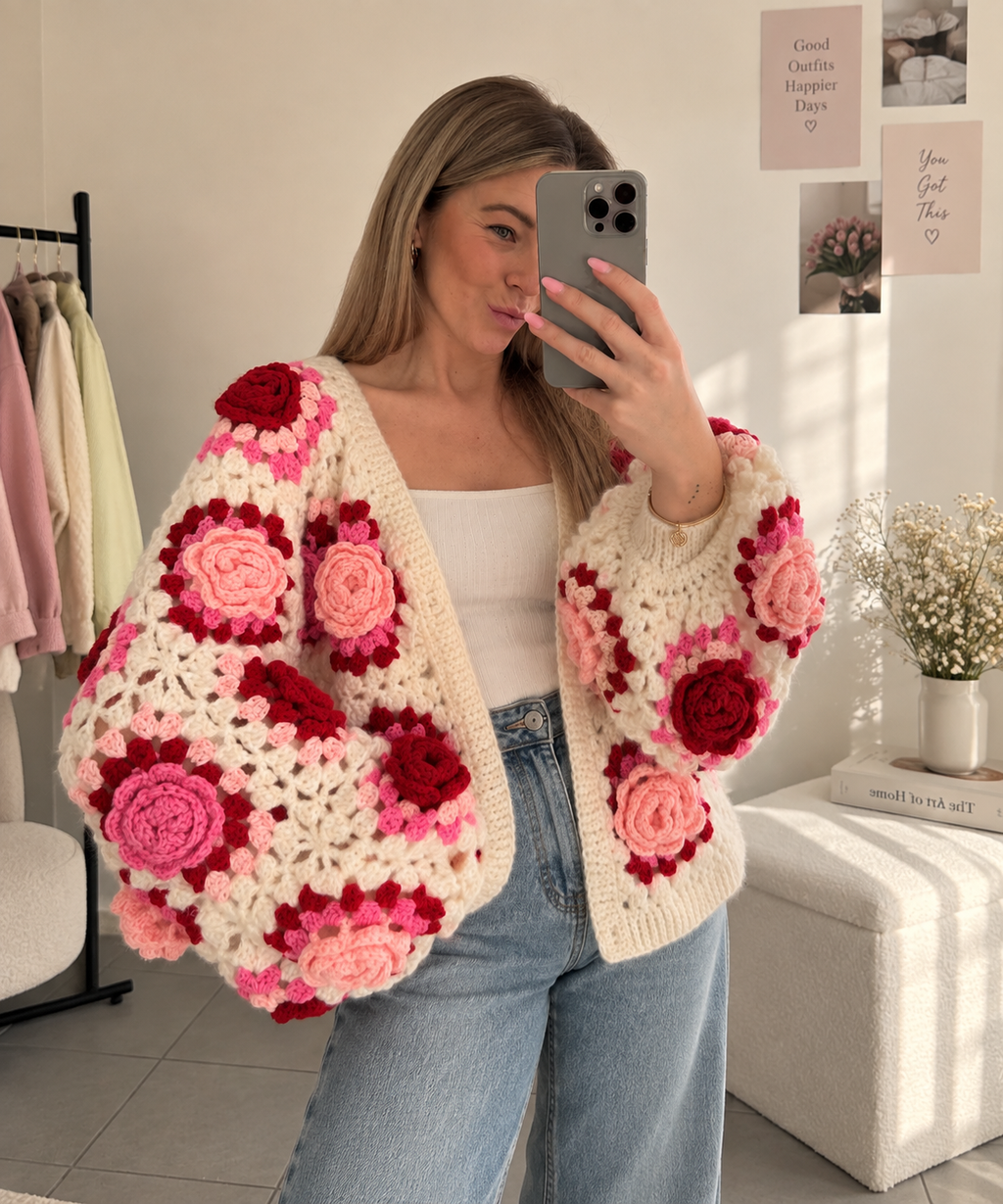 Pink Rose Crochet Cardigan
