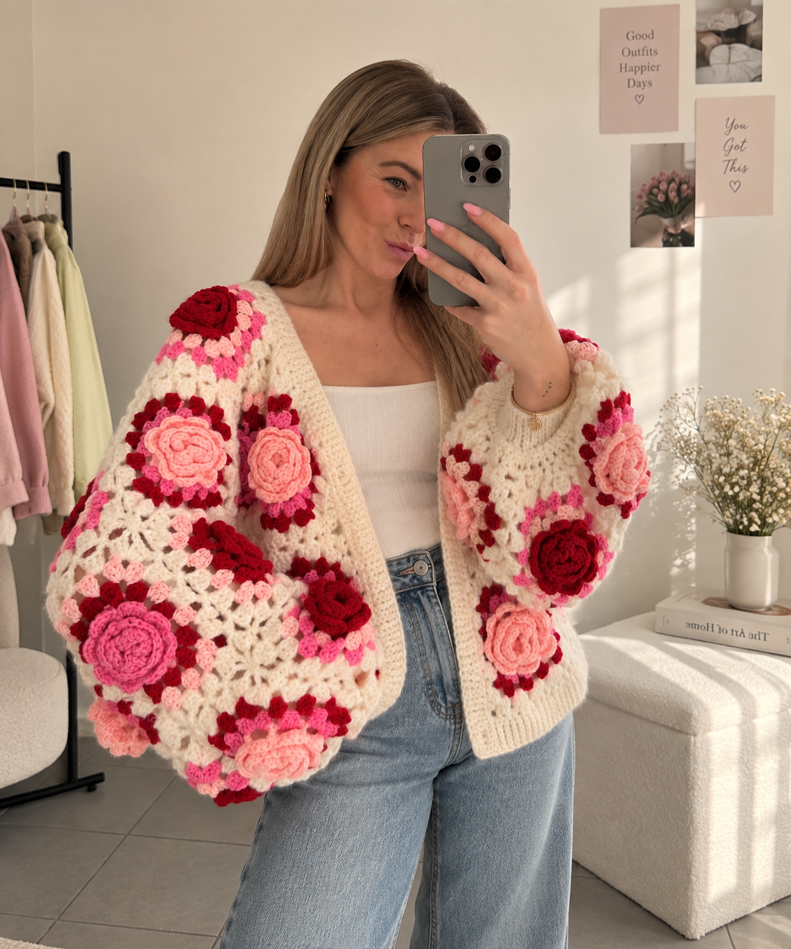 Pink Rose Crochet Cardigan