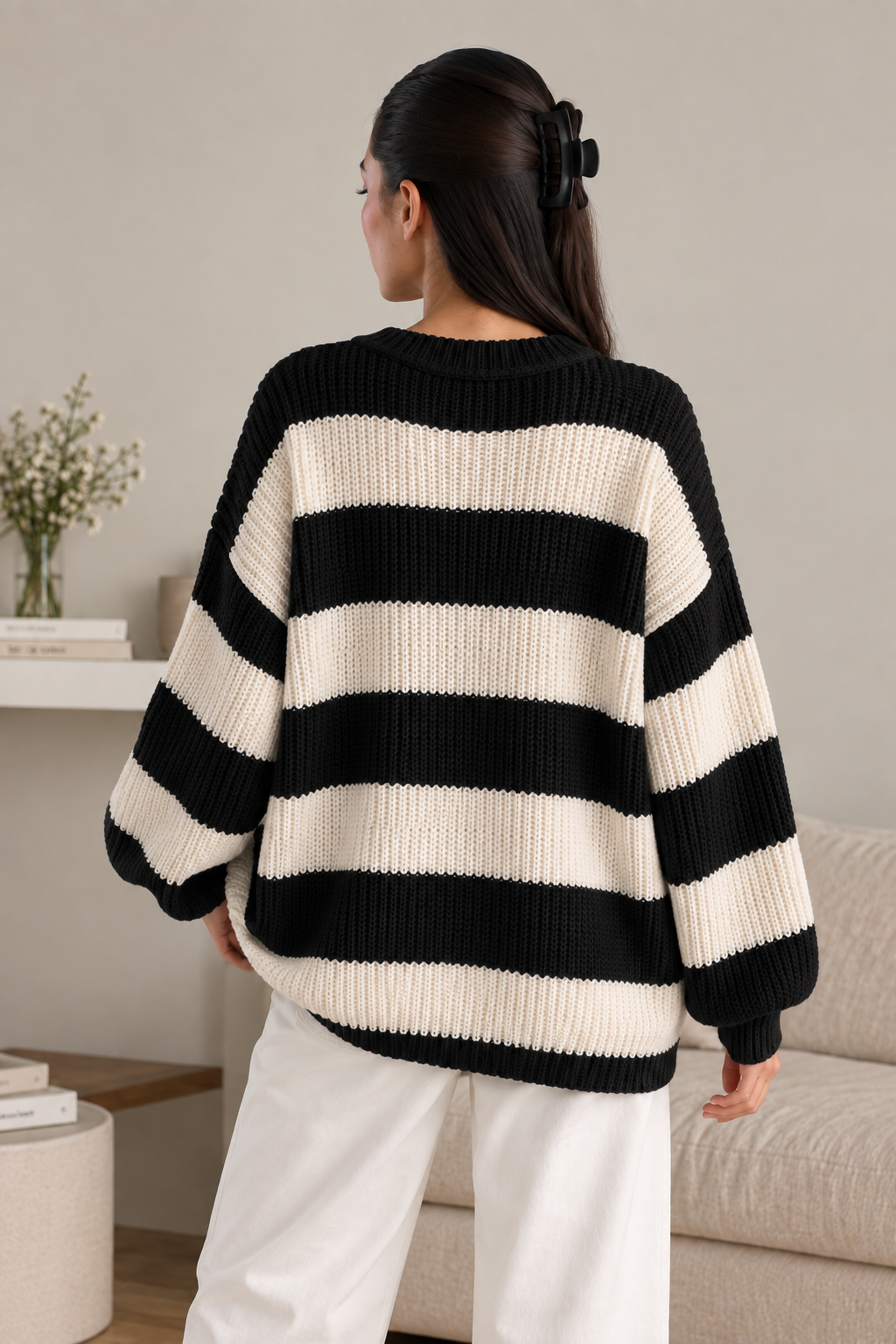 Black & Cream Striped Crochet Sweater