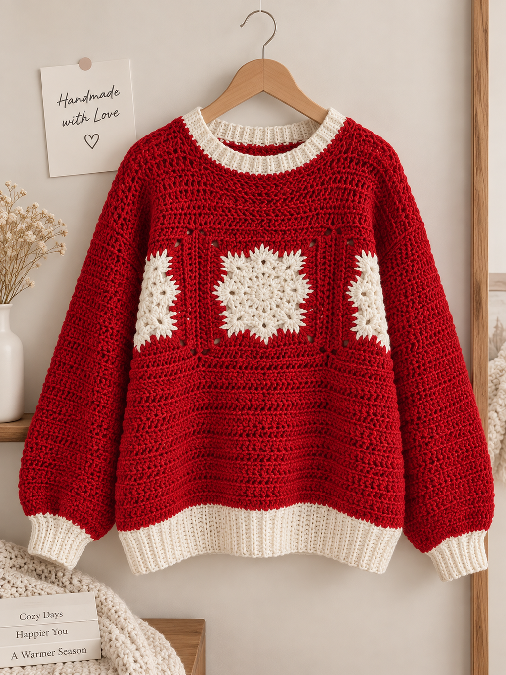 Cozy Red Granny Square Sweater