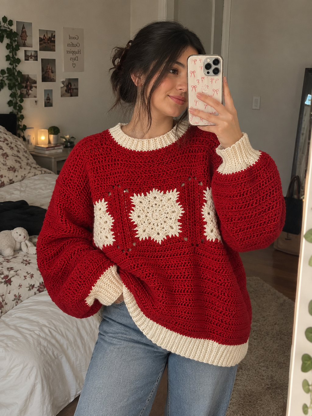 Cozy Red Granny Square Sweater